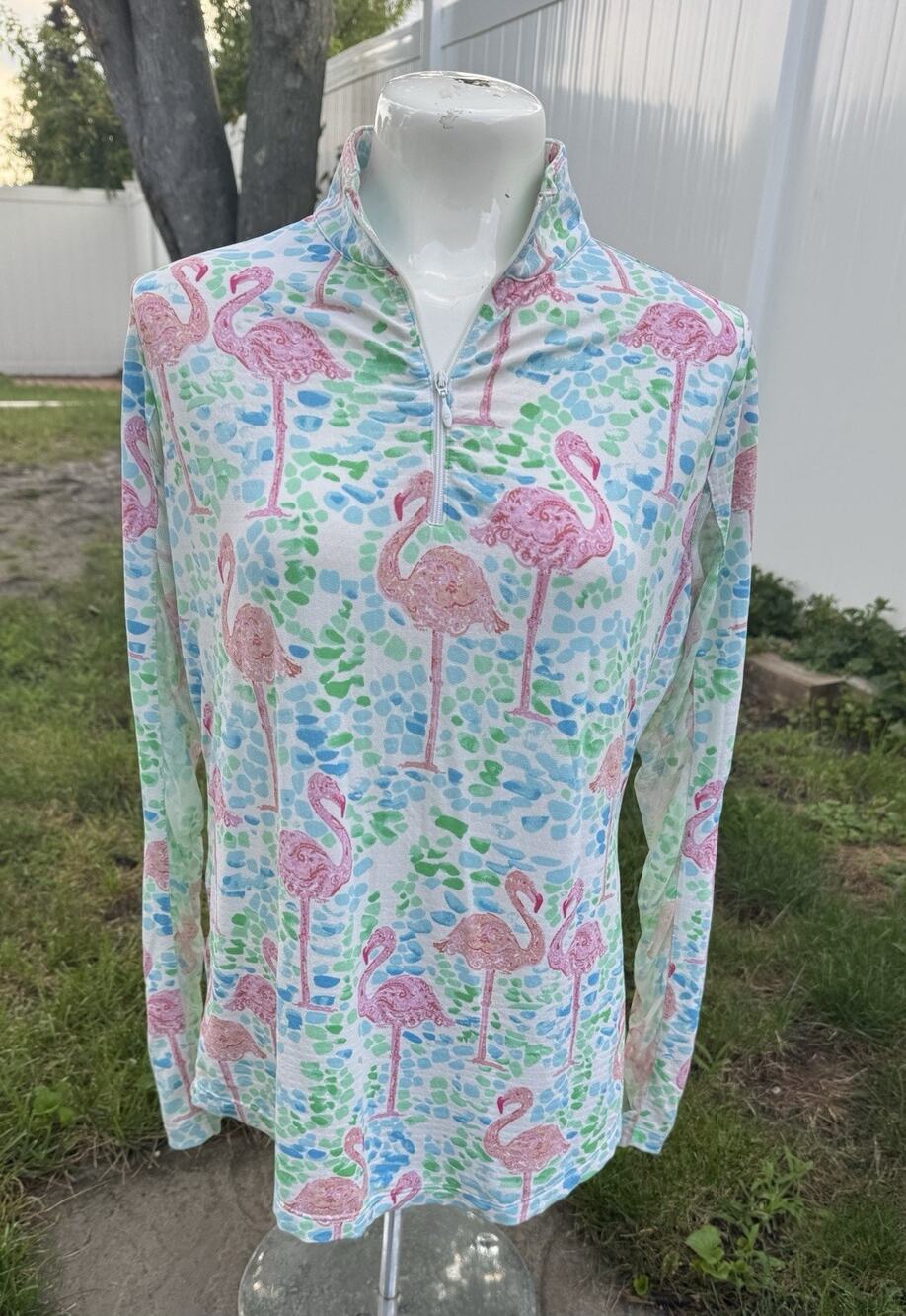 IBKUL TOP Size S Flamingo Zip Polo Long Sleeve Pink Blue Golf Tennis Womens